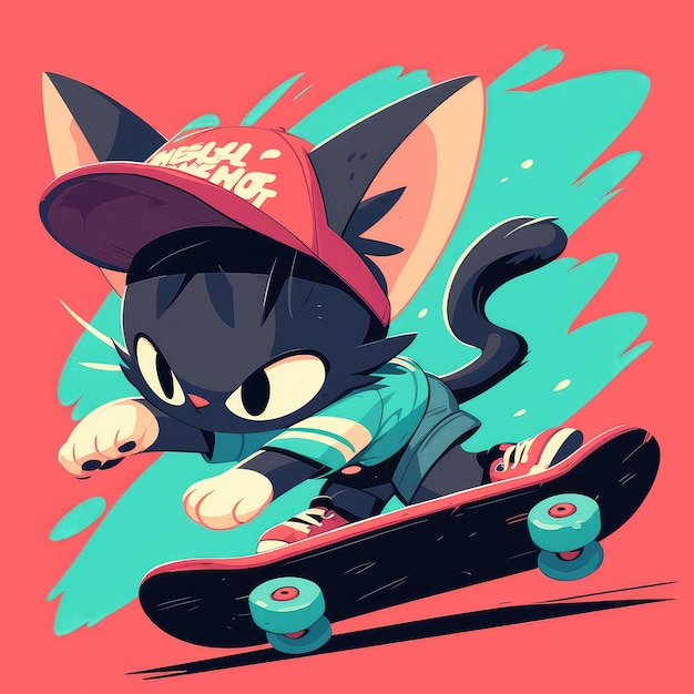 Un Chat Fait Du Skateboard Dans Le Style Des Dessins Animés.