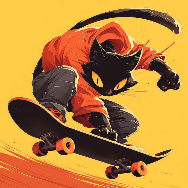 Un Chat Fait Du Skateboard Dans Le Style Des Dessins Animés.