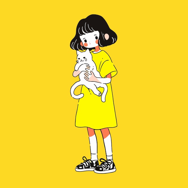 Vecteur chat et fille dessin animé illustration