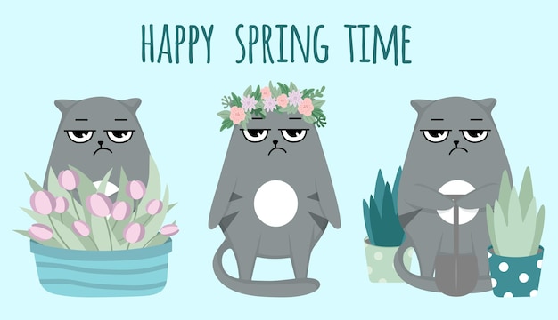 Chat Grincheux Joyeux Printemps. Fleurs, Plantes, Jardinage