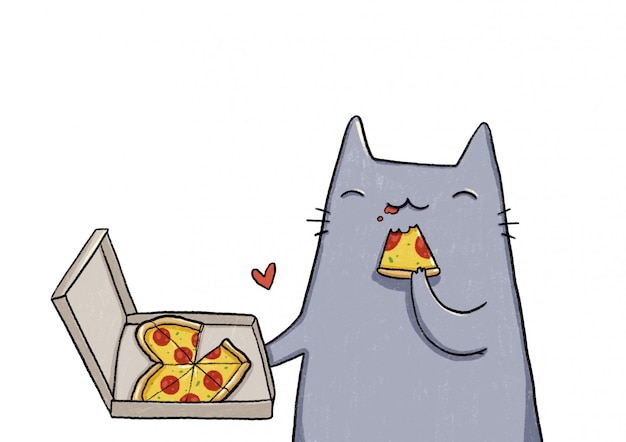 Chat Gris Mange Une Pizza