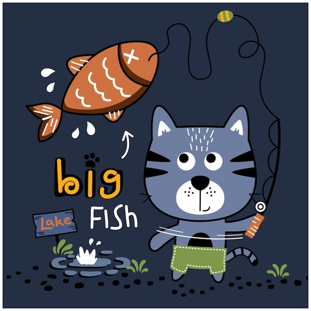 Chat Et Le Gros Poisson Dessin Animé Animal Drôle