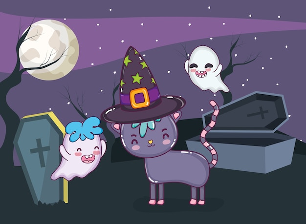 Chat D'halloween Et Les Fantômes