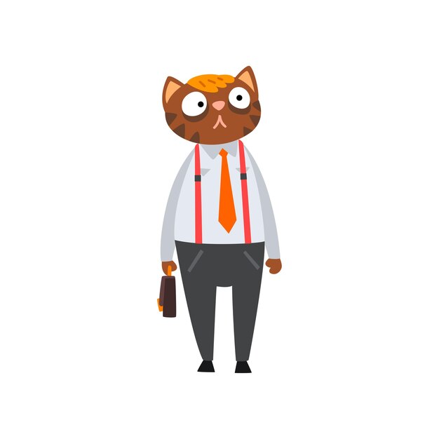 Vecteur chat d'homme d'affaires en vêtements formels avec personnage de dessin animé animal humanisé porte-documents au vecteur de travail