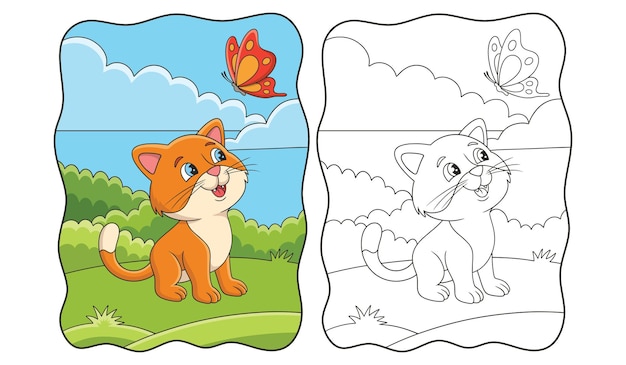 Chat D'illustration De Dessin Animé Jouant Avec Le Papillon Dans Le Livre Ou La Page De Forêt Pour Des Enfants