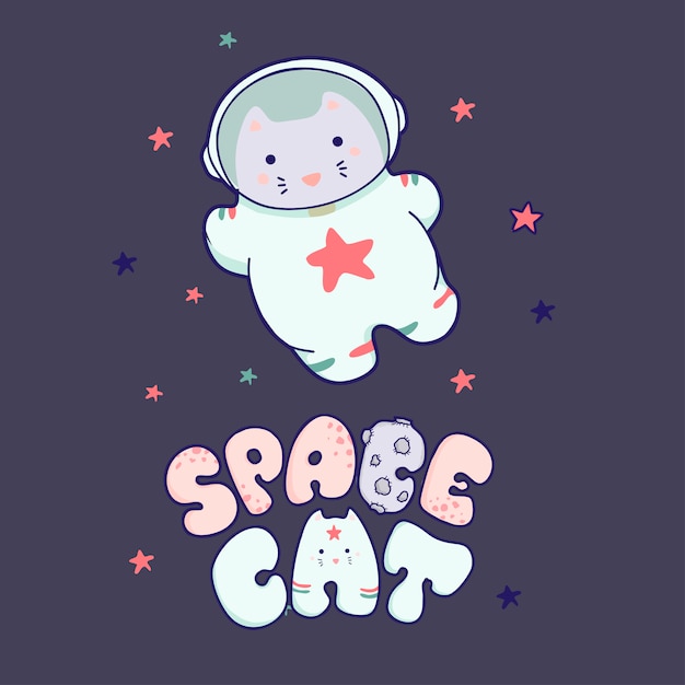 Chat Kawaii Mignon Voyage Dans L'espace Et Le Lettrage D'inscription