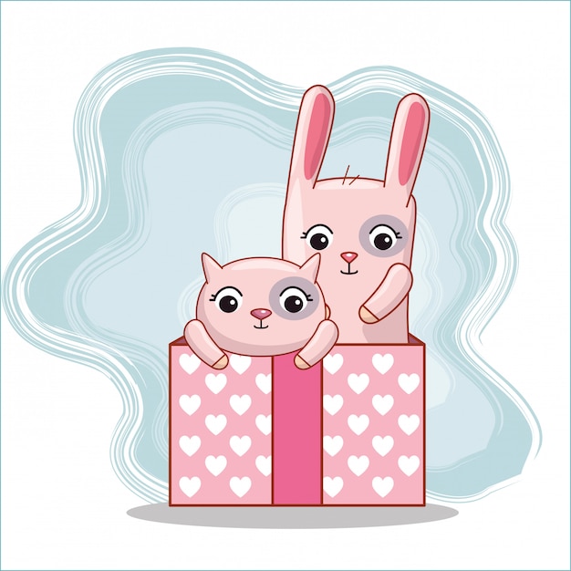 Chat et lapin dans un cadeau à la Saint Valentin