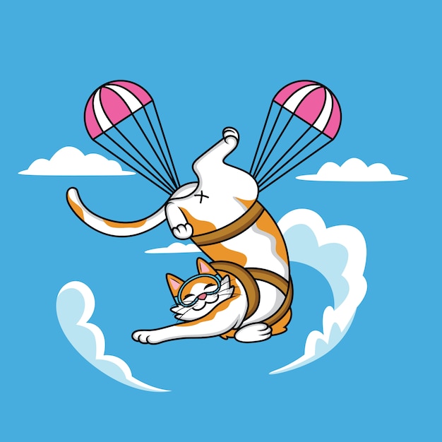 Chat Mignon De Bande Dessinée Faisant Du Parachutisme Avec Une Expression Drôle