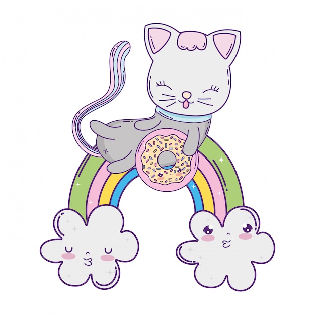 Chat Mignon Avec Beignet à L'arc-en-ciel