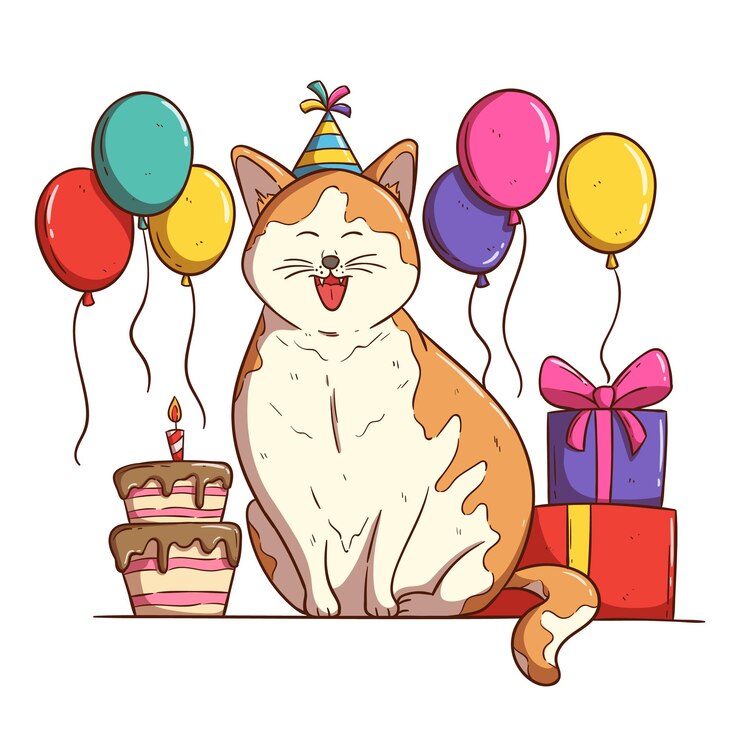 Vecteur chat mignon célèbre une fête d'anniversaire avec des ballons de gâteau d'anniversaire et une boîte-cadeau