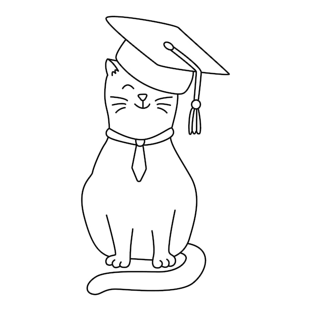 Un Chat Mignon Avec Un Chapeau De Diplômé Illustration De Doodle Dessiné à La Main Contour Noir