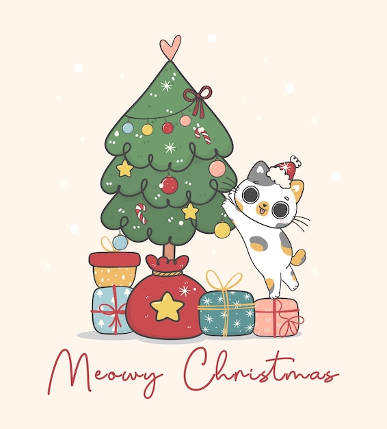 Chat Mignon Chaton Calico Coquin Debout Décorant Un Sapin De Noël Joyeux Catmas Dessin Animé Personnage Animal Dessin à La Main Idée De Vecteur De Doodle Pour Carte De Voeux