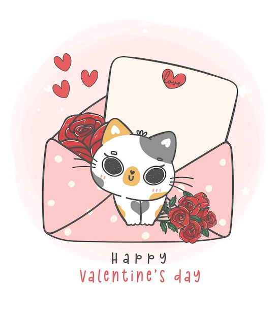 Chat mignon chaton calicot Saint Valentin dans une enveloppe d'amour rose avec dessin animé rose rouge Happy Valentines day animal doodle main dessin illustration vecteur