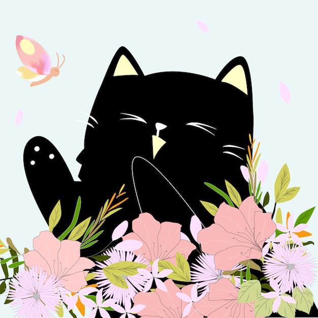 Vecteur chat mignon chaton chaton dans le jardin de fleurs avec papillon