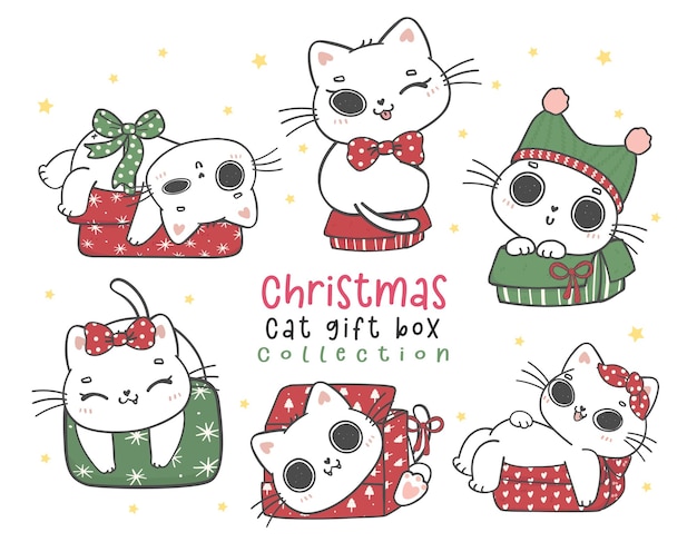 Chat Mignon Chaton Coquin Blanc Noël Dans Une Boîte Cadeau Collection Meowy Noël Adorable