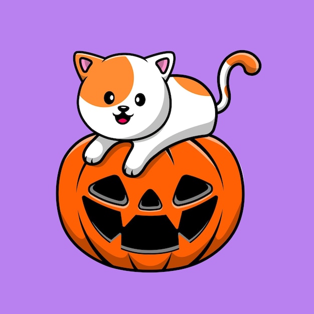 Chat Mignon Sur Citrouille Halloween Cartoon Vector Icon Illustration