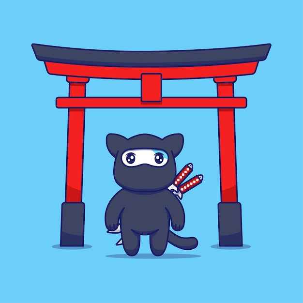 Chat mignon avec costume de ninja devant la porte torii