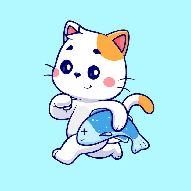 Chat mignon en cours d'exécution avec poisson Cartoon Vector Icon Illustration Concept d'icône d'aliments pour animaux isolé à plat