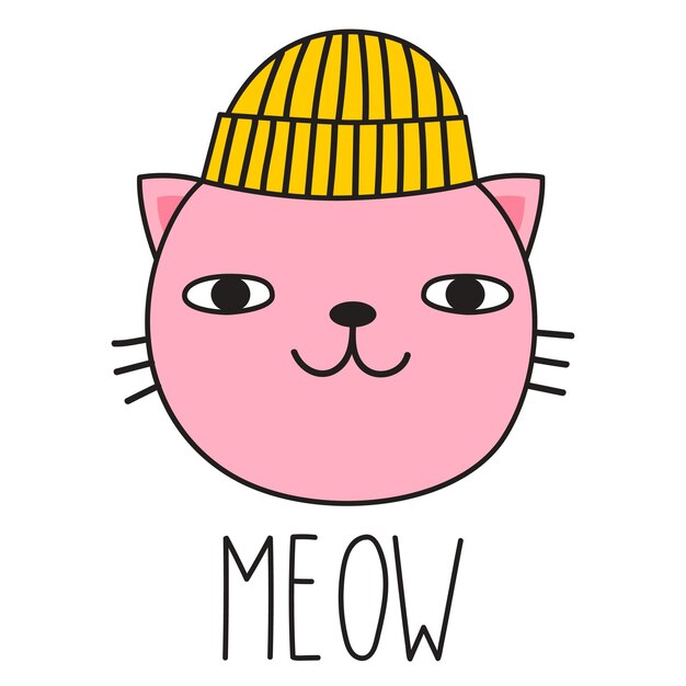 Chat Mignon Dans Un Chapeau D'hiver Et Lettrage Meow. Style De Griffonnage. Illustration Vectorielle