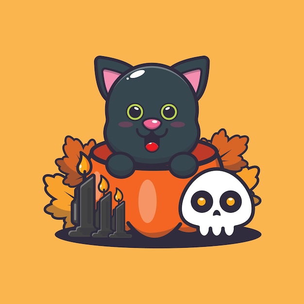 Vecteur chat mignon dans la citrouille d'halloween illustration de dessin animé mignon halloween