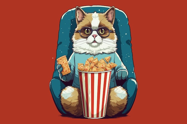 Chat mignon dans des lunettes 3D avec pop-corn et billets de cinéma Illustration vectorielle