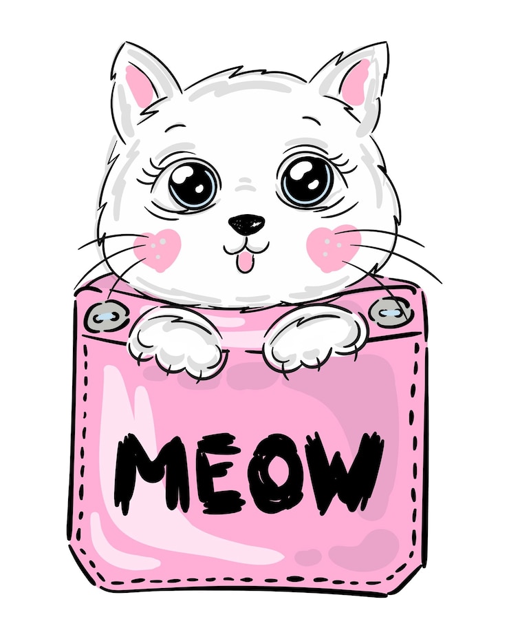 Vecteur chat mignon dans la poche avec illustration de dessin animé de texte miaou