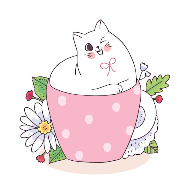 Chat Mignon Dessin Animé En Tasse à Café Et Fleur