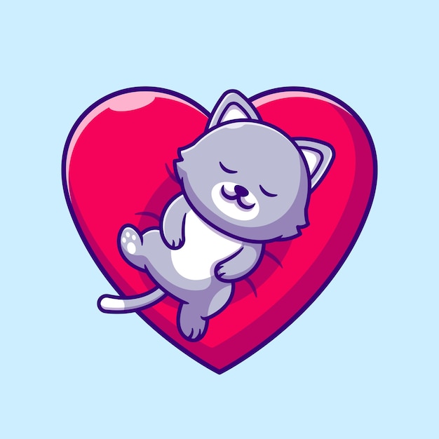 Chat mignon dormant sur le dessin animé d'oreiller d'amour. Style de bande dessinée plat