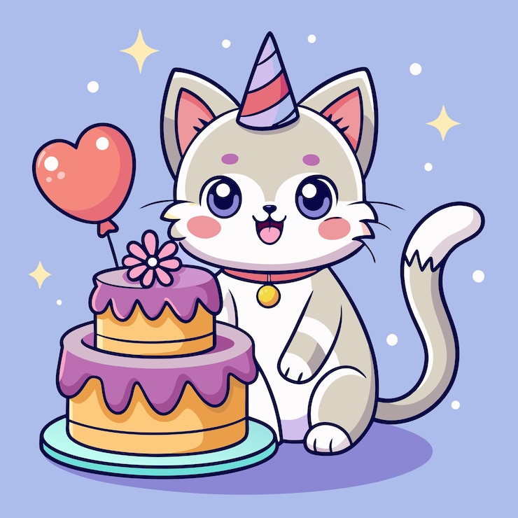 Vecteur un chat mignon avec un gâteau de célébration art vectoriel de dessins animés