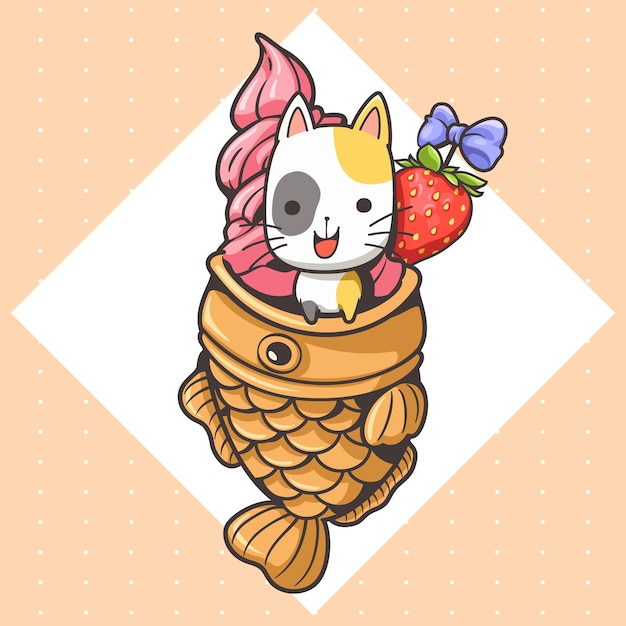 Vecteur chat mignon et glace taiyaki cartoon2