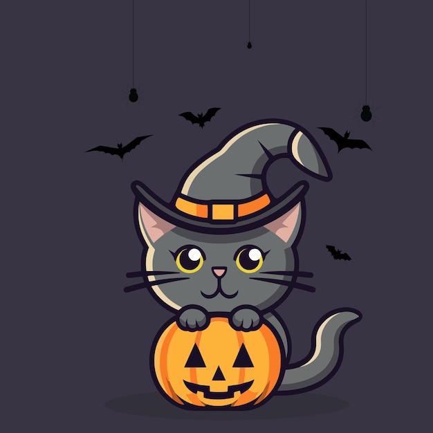 Un chat mignon d'Halloween avec du matériel vectoriel de citrouille