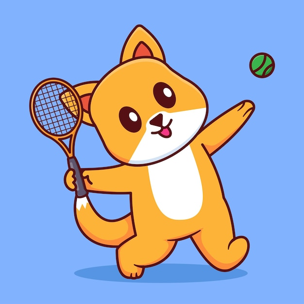 Chat mignon jouant au tennis Illustration vectorielle Mascotte isolée