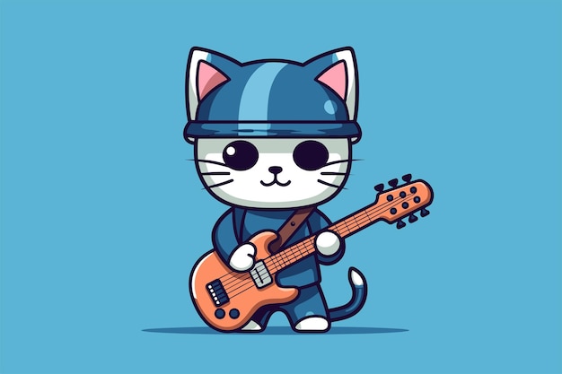 Vecteur un chat mignon jouant de la guitare illustration vectorielle de conception plate