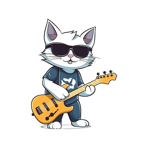 Chat Mignon Jouant De La Guitare Mascotte Personnage De Dessin Animé Conception D'illustration Vectorielle