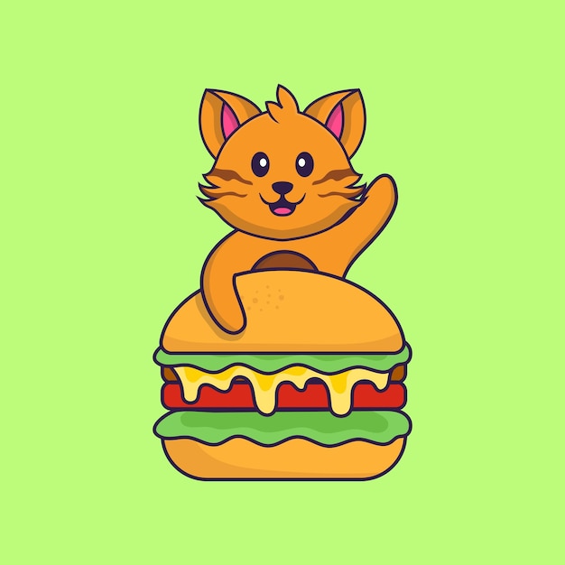 Chat Mignon Mangeant Un Hamburger. Concept De Dessin Animé Animal Isolé. Style De Dessin Animé Plat