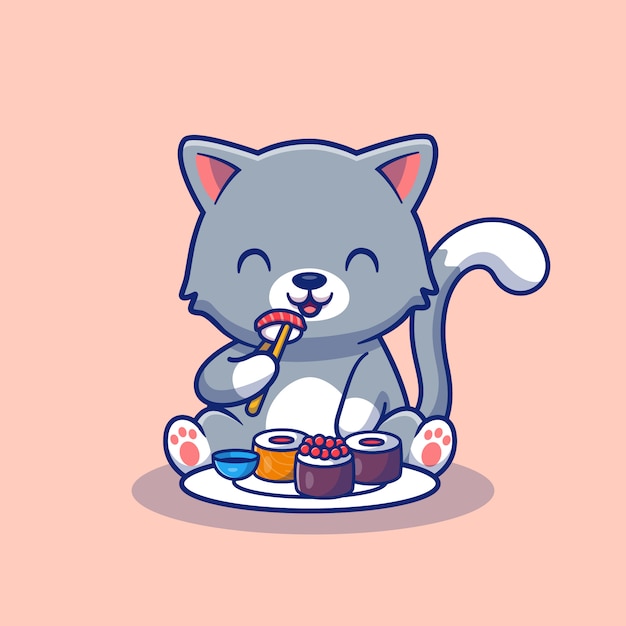 Chat Mignon Manger Sushi Cartoon Illustration.