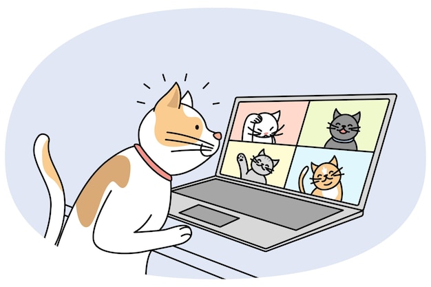 Vecteur chat mignon parler lors d'un appel vidéo avec des chats sur ordinateur animal de compagnie avoir une conversation webcam sur ordinateur portable avec des chatons concept technologique illustration vectorielle