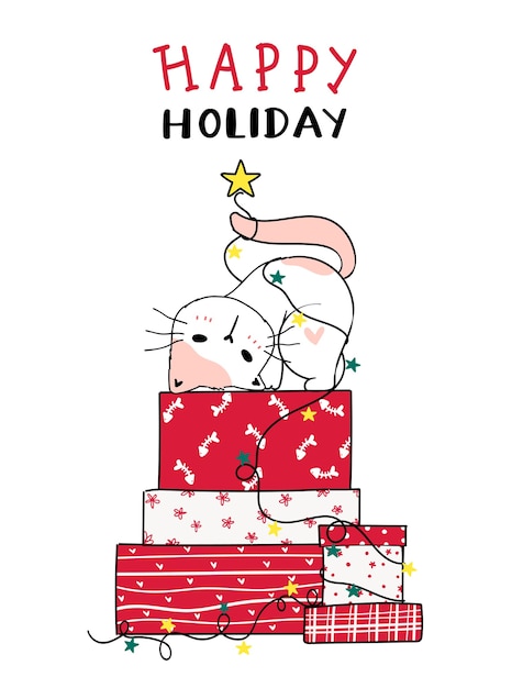 Chat Mignon Sur Pile De Noël Rouge Présent Boîte Doodle Dessin Animé Clipart, Joyeuses Fêtes, Carte De Voeux.