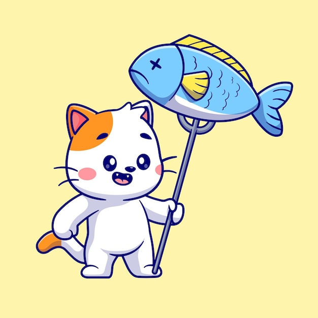 Chat Mignon Poke Poisson Avec Illustration D'icône De Vecteur De Dessin Animé De Fourchette. Concept d'icône de nourriture animale isolé