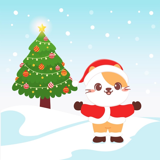 Chat Mignon Porter Un Costume De Père Noël Avec Fond De Sapin De Noël Et De Neige