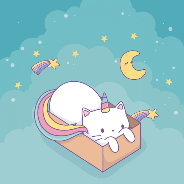 Chat Mignon Avec Queue Arc-en-ciel Dans Une Boîte En Carton Personnage Kawaii