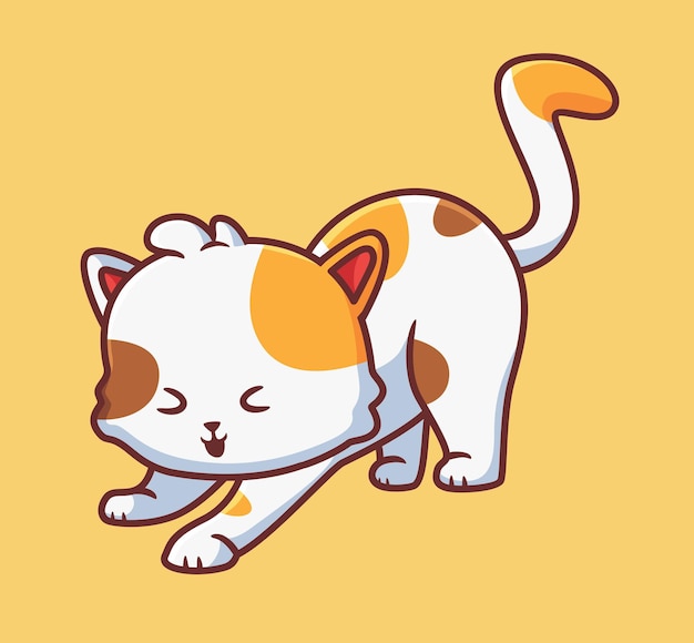 Chat mignon qui s'étend le matin illustration d'animal de dessin animé isolé Icône d'autocollant de style plat