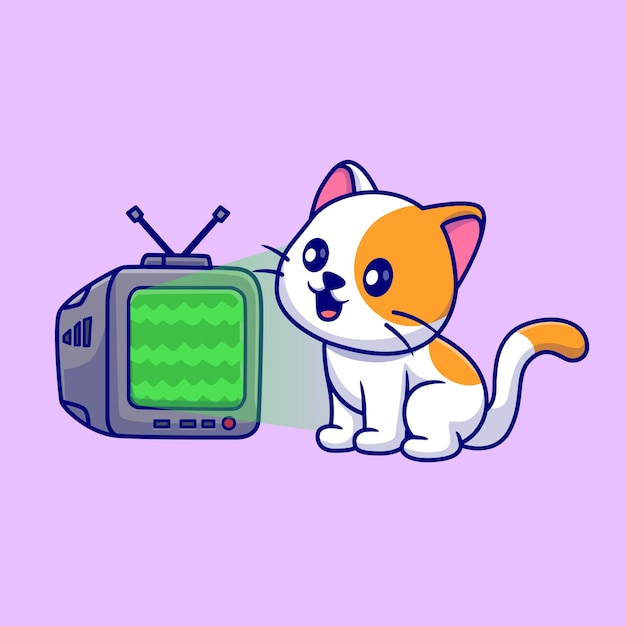 Chat Mignon Regardant La Télévision Cartoon Vector Icon Illustration. Icône De Technologie Animale Isolée à Plat