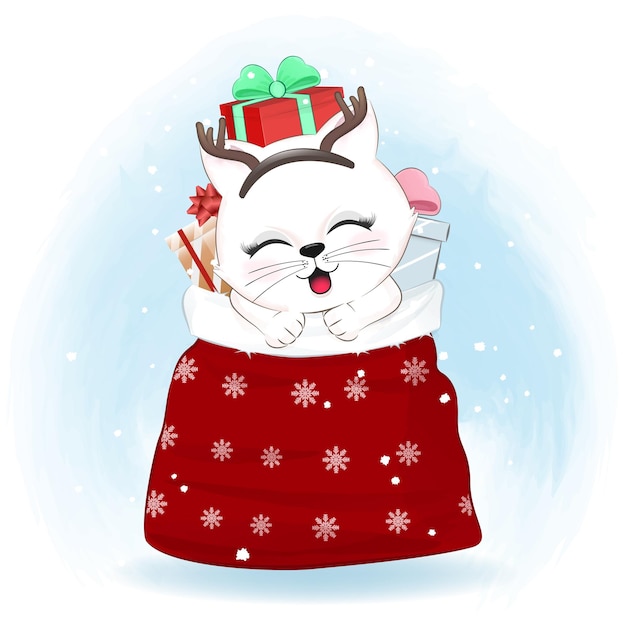 Chat Mignon Et Sac Cadeau Illustration De La Saison De Noël