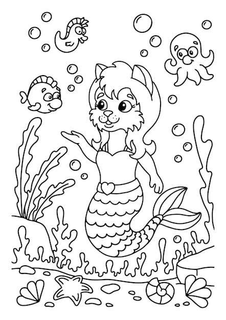 Chat Mignon De Sirène Dans Le Monde Sous-marin Page De Livre De Coloriage Pour Des Enfants