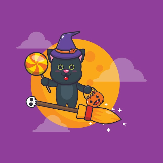 Vecteur chat mignon sorcière voler avec un balai dans la nuit d'halloween illustration mignonne de dessin animé d'halloween