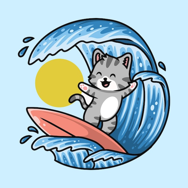 Chat mignon surfant dans le vecteur premium de dessin animé de mer