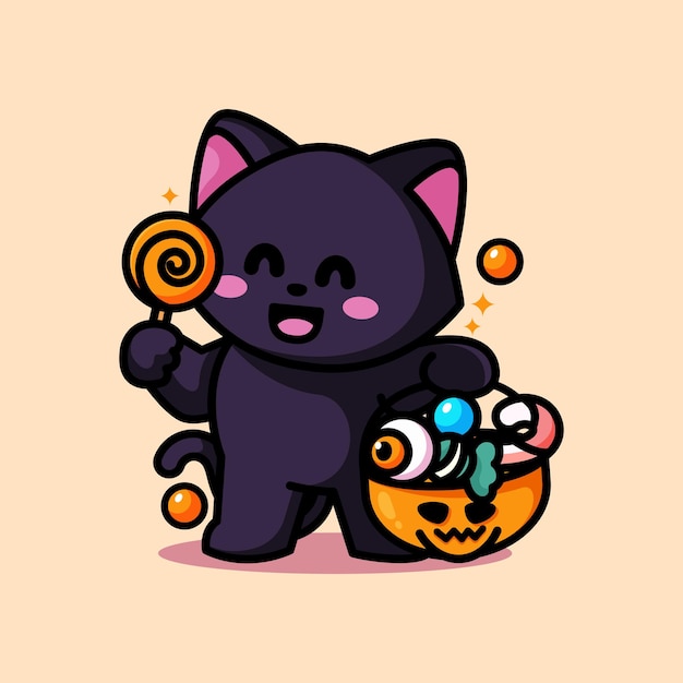 Vecteur chat mignon tenant des bonbons et célébrant halloween