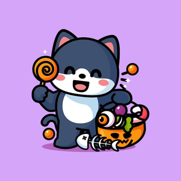 Vecteur chat mignon tenant des bonbons et célébrant halloween