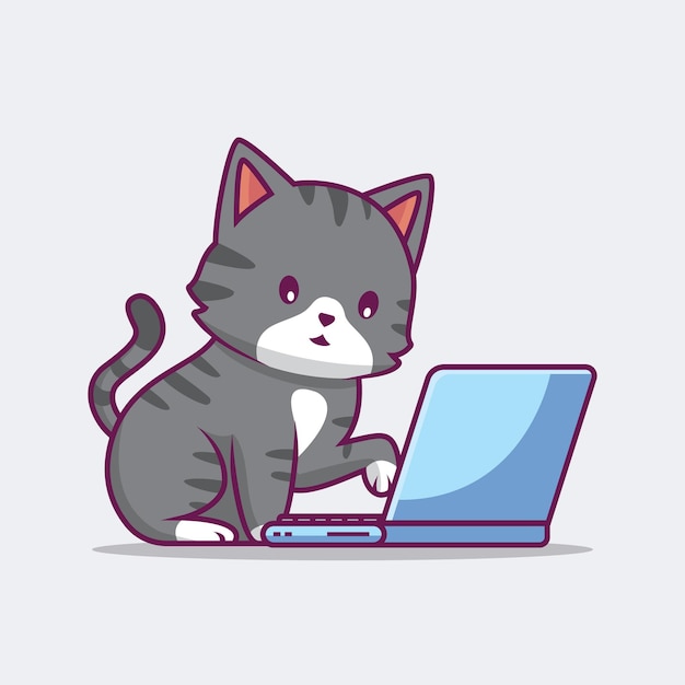 Chat Mignon Travaillant Sur Illustration De Dessin Animé Pour Ordinateur Portable